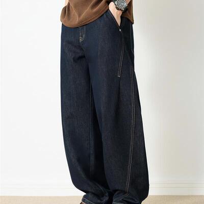 hansca莱赛尔天丝牛仔裤男2025秋季美式明辑线原色直筒宽松弯刀裤