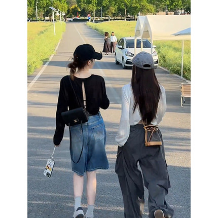 高级感时尚chic辣妹漏背防晒罩衫女夏季2026新款松弛百搭圆领上衣