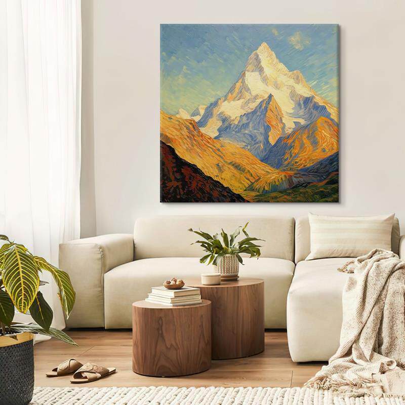 日照金山图抽象肌理手绘油画客厅装饰画梵高风格群山风景玄关挂画