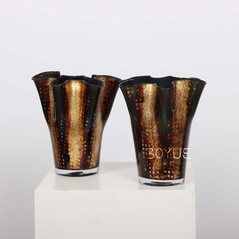 中古轻奢设计金色肌理皱褶大口径花瓶设计师手工琉璃玻璃花器摆件