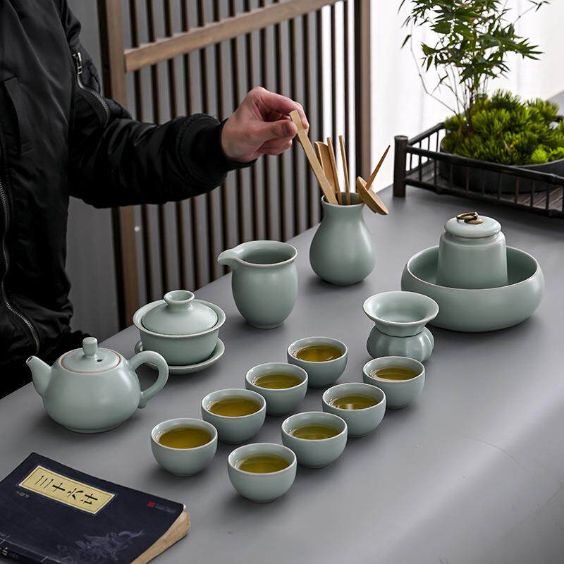 16头汝窑功夫陶瓷茶具套装家用客厅办公室高档泡茶壶茶杯盖碗整套