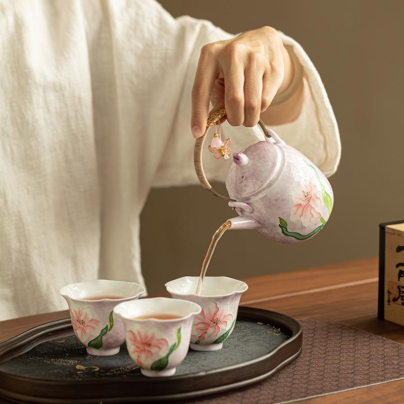 源头手绘堆釉百合茶壶提梁壶茶杯品茗杯茶盘干泡盘陶瓷茶具套装组