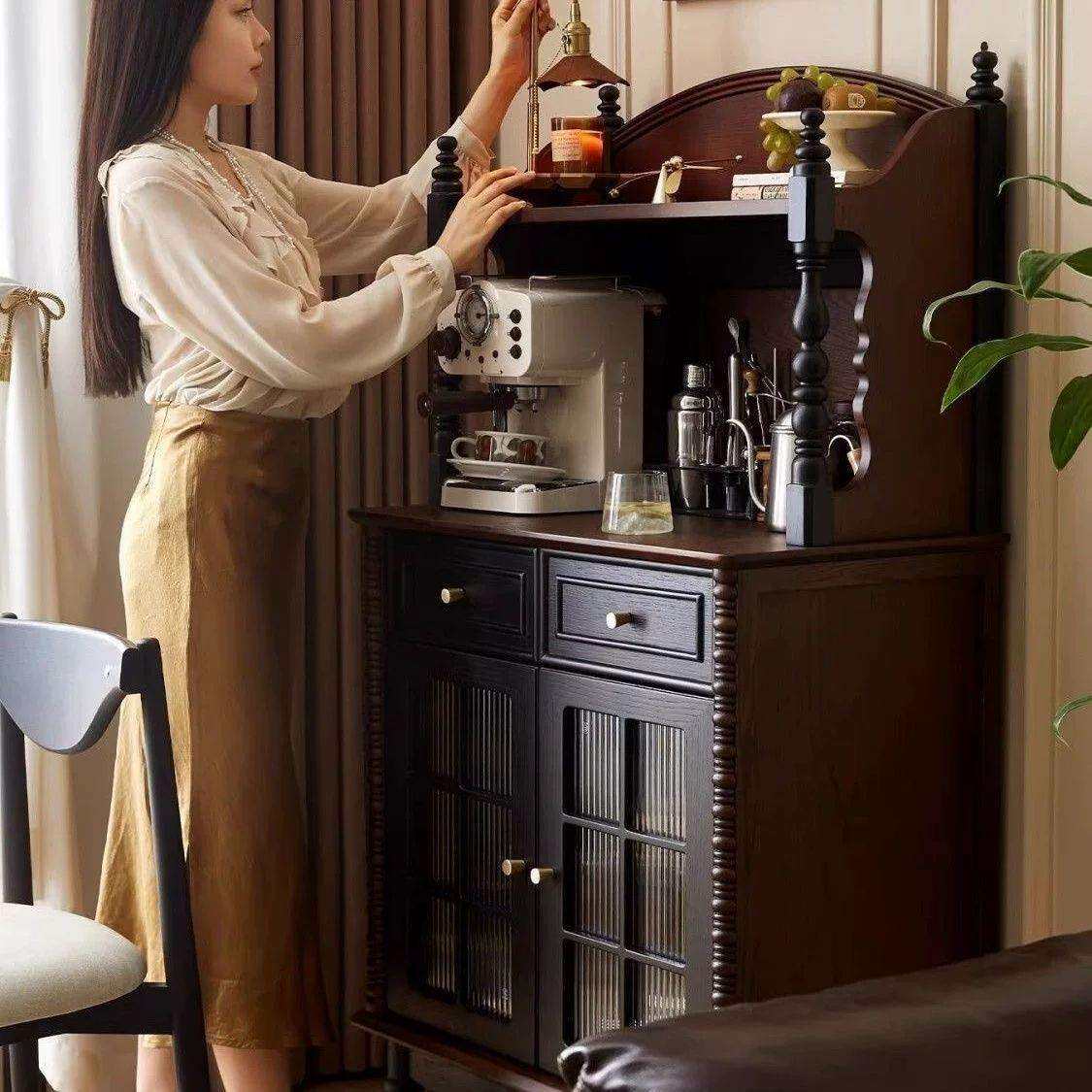 法式复古实木餐边柜客厅靠墙酒柜咖啡柜美式复古收纳储物柜茶水柜