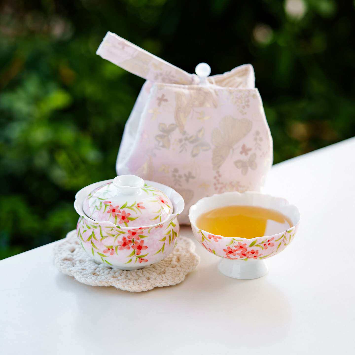 厂家手绘叶蔓粉樱便携式旅行茶具一人饮快客杯户外露营泡茶碗套装