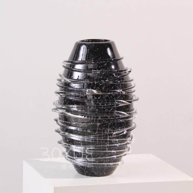 轻奢风极简意式高级黑色纹路琉璃花瓶客厅前台酒店大堂展示柜摆件