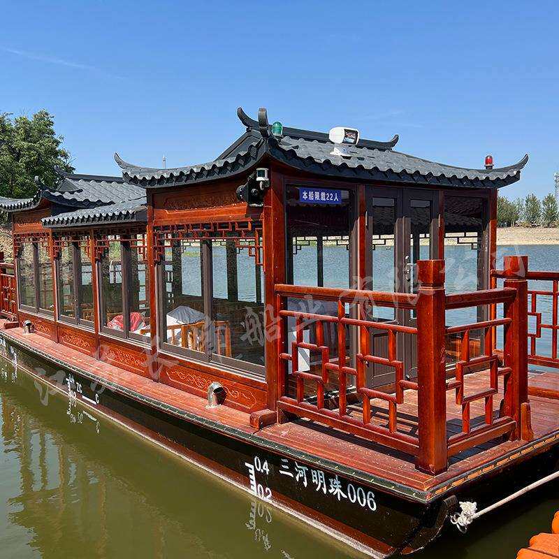 9m电动观光餐饮船水上餐厅电动画舫船电动观光游船景仿古接待船屋