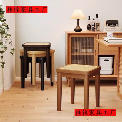 实木凳子家用餐桌凳现代简约编藤椅客厅休闲凳北欧风加厚梳妆方凳
