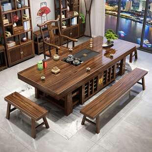 加厚八方实木大板茶桌椅组合一桌五椅新中式办公室泡茶台家用茶几