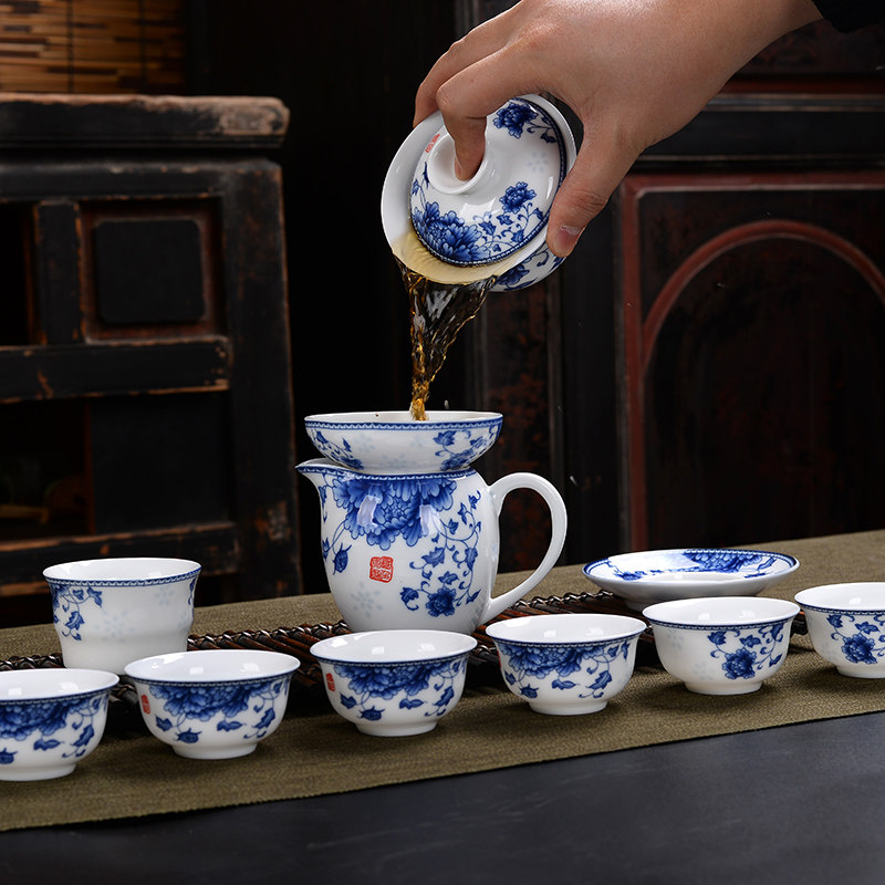青花瓷茶具套装家用整套陶瓷功夫茶具白瓷泡茶器盖碗茶杯办公礼品