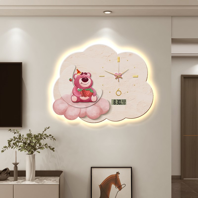 奶油风草莓熊餐厅装饰画带电子钟表挂钟客厅儿童房led灯画挂墙