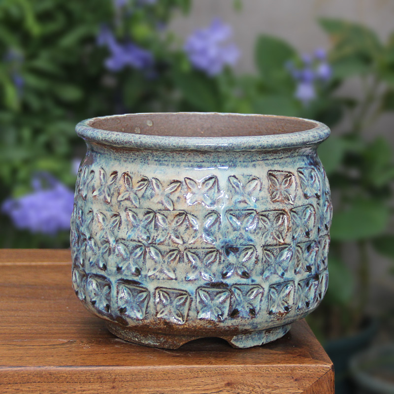 印象派精品高端花器复古粗陶手工印纹古朴创意高温窑变花盆