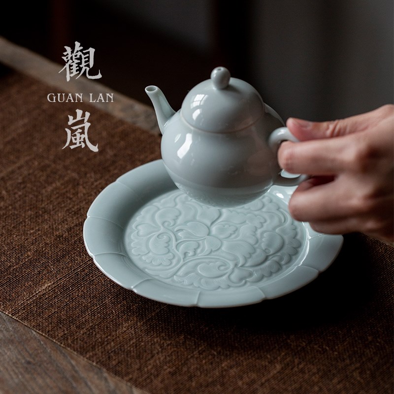 观岚复古缠枝莲小壶承托盘仿古胎干泡台养壶垫茶壶托茶承茶具茶道