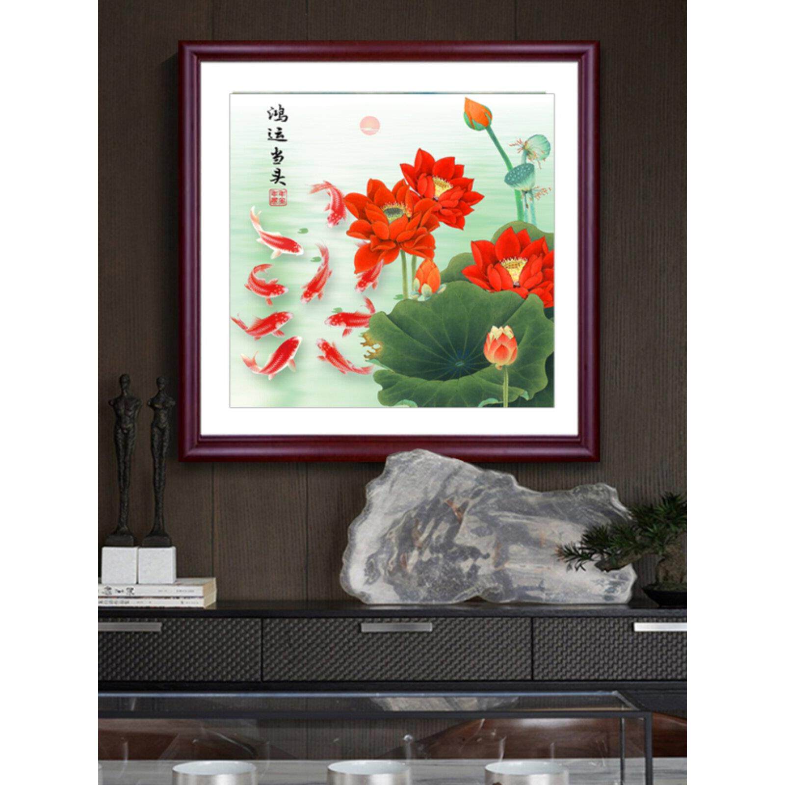 鱼图餐厅挂画客厅鲤鲤鱼锦厅招财风水中式餐正方形画LHU玄关装饰