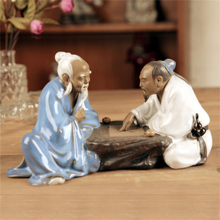 石湾公仔 陶瓷中式客厅电视柜玄关摆件假山盆景人物雕塑 围棋对弈