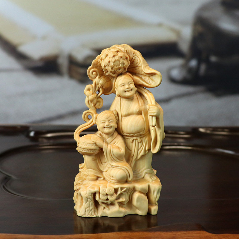 黄杨木雕刻合和摆件木质手把件合和二圣家居装饰车内饰品客厅图片