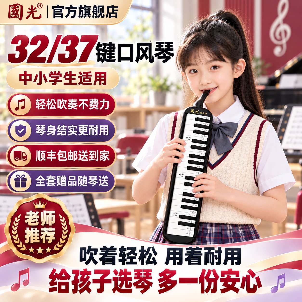 国光37键口风琴初中生小学习专用音乐课堂乐器儿童初学者专业吹管