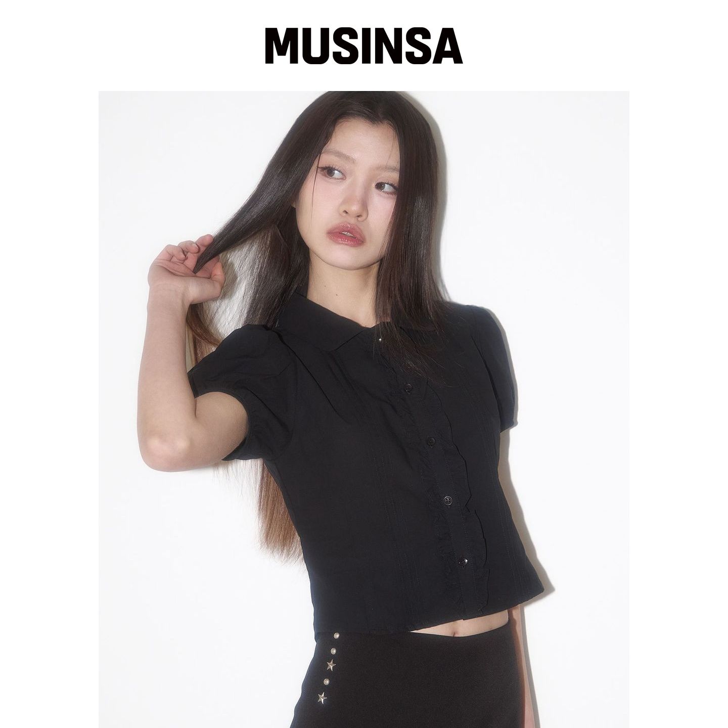 ILLIGO 褶皱荷叶边衬衫 黑色 MUSINSA韩国官网直邮进口图片