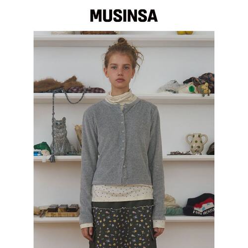 FUNFROMFUN 按钮天鹅绒开衫，混色灰 MUSINSA韩国官网直邮进口