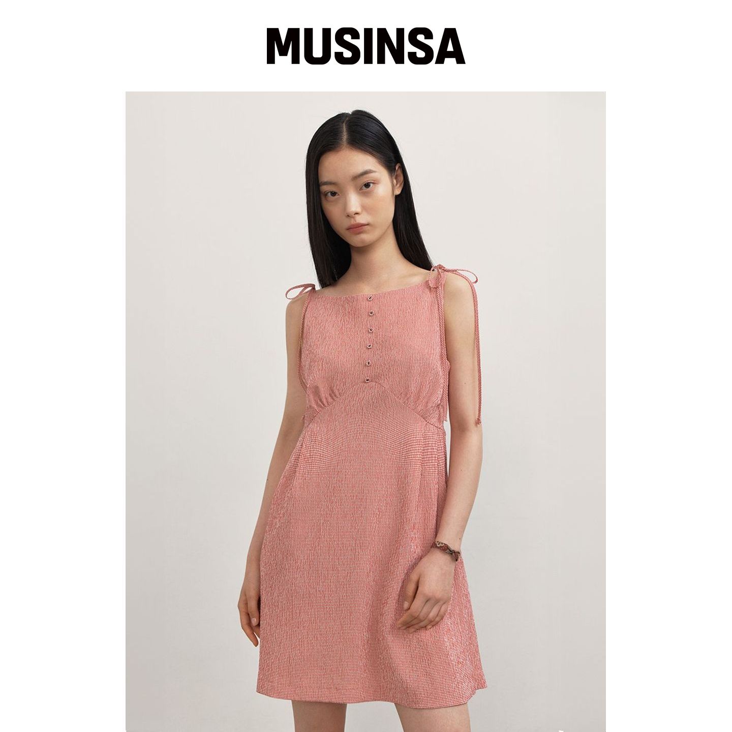 GANISONG 蝴蝶结肩带迷你连衣裙_红色格纹 MUSIN韩国官网直邮进口