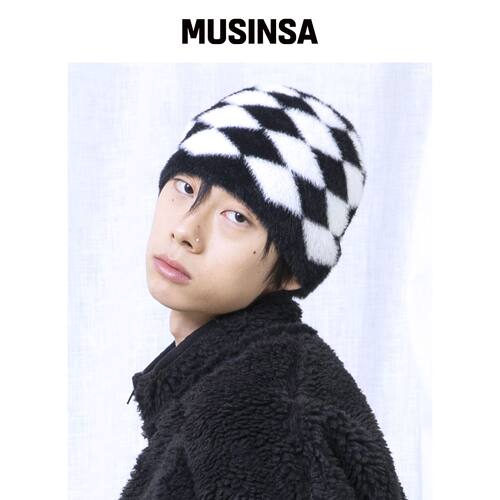 GLACK GC076 黑色钻石格纹毛绒针织帽 MUSINSA韩国直邮官方正品