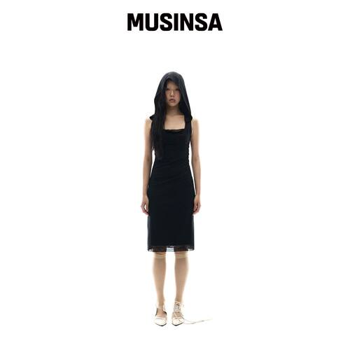 OJOS 平缝吊带中长裙 / 黑色 MUSINSA韩国官网直邮进口