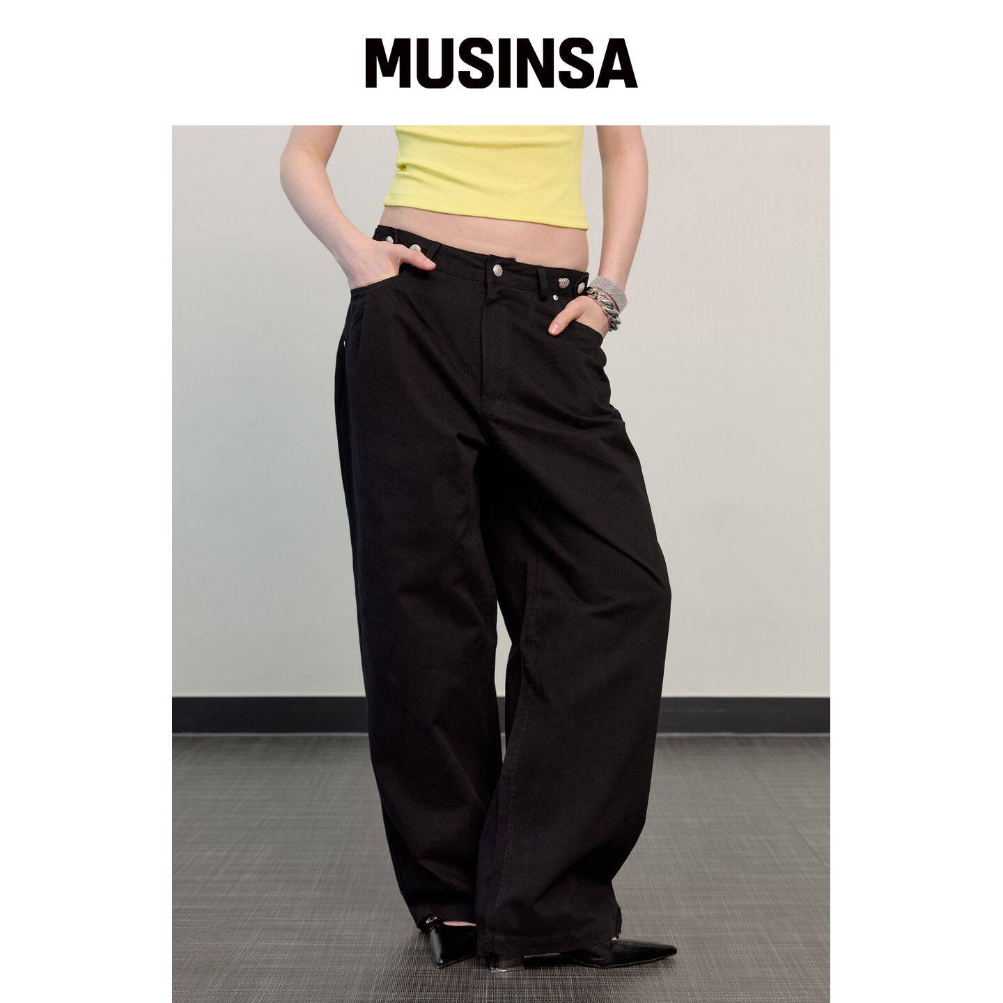 A FEW COMMENTS 水洗金属扣斜纹棉裤 黑色 MUSIN韩国官网直邮进口