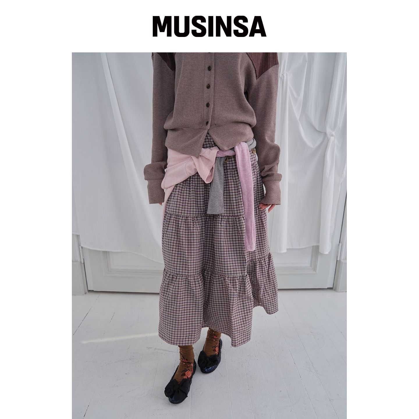 MUWM 两用纽扣褶皱裙子(紫色格纹) MUSINSA韩国官网直邮进口