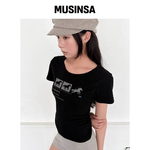 CHICKS CHICKS 无雨点缀修身短袖T恤 黑色 MUSIN韩国官网直邮进口