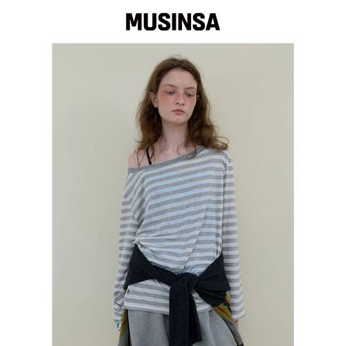 NOCONTENT 230. 披肩条纹T恤 _ 泥膜灰 MUSINSA韩国官网直邮进口