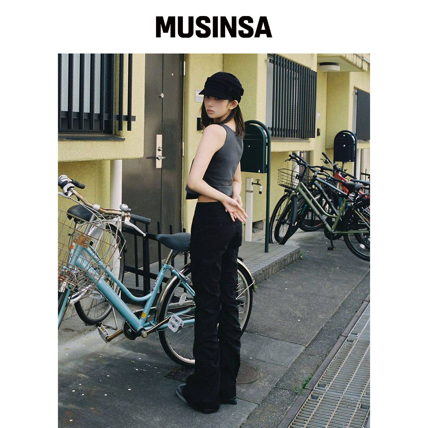 MISEKI SEOUL 褶皱口袋喇叭裤黑色显瘦MUSINSA韩国官网直邮进口