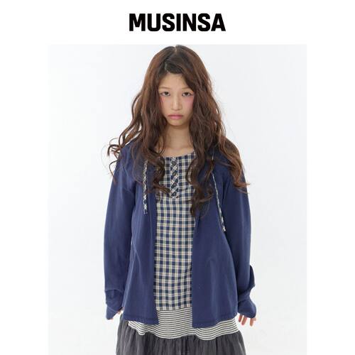 EXPIRED GIRL 舒适格纹叠穿上衣·藏青色 MUSINS韩国官网直邮进口