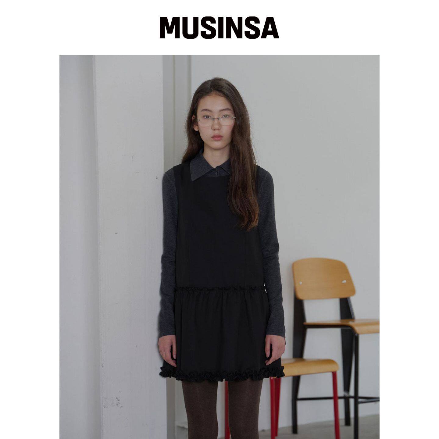 BUT'TON 荷叶边装饰连衣裙(黑色) MUSINSA韩国官网直邮进口
