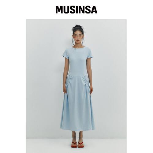 MEENDERI SHIRRING POCKET MAXI DRESS - 天空蓝韩国官网直邮进口