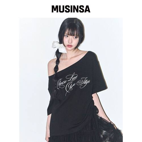 ILLIGO 丝带露肩上衣黑色设计感短袖T恤MUSINSA韩国直邮官方正品