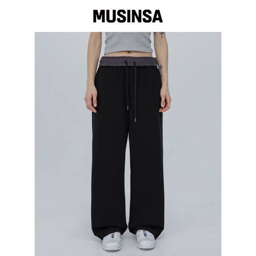 CHICKS 拼色松紧带宽松卫裤 黑色 MUSINSA韩国官网直邮进口