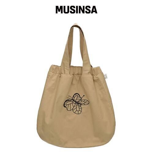 WHIMSY MIND NAVI刺绣松紧带托特包沙色 MUSINSA韩国官网直邮进口