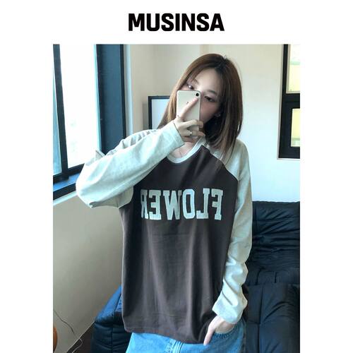 HAVISM FLOWER APLIQUE RAGLAN L/S TEE(BROWN) 韩国官网直邮进口