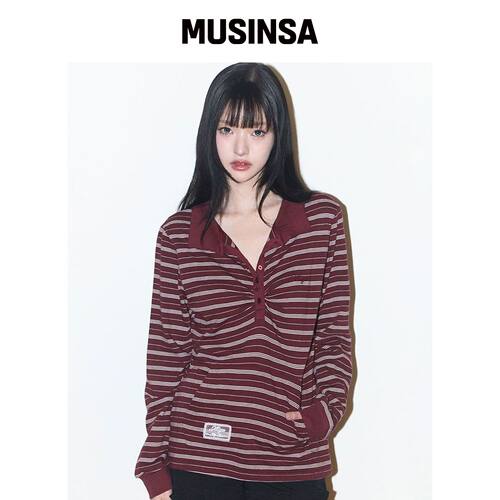 ILLIGO 开襟长袖衫酒红色条纹亨利领T恤MUSINSA韩国直邮官方正品