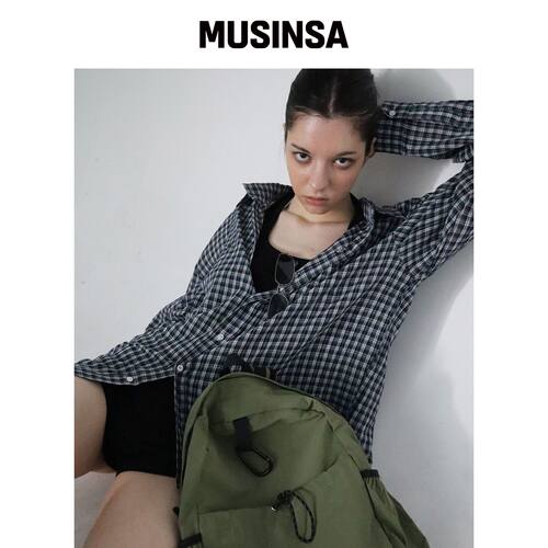 CHICKS 宽松格纹衬衫 深蓝色 MUSINSA韩国官网直邮进口