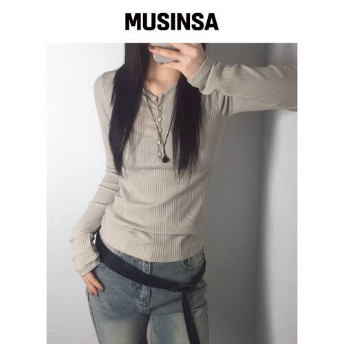 CHICKS 不对称罗纹修身长袖衫 米色 MUSINSA韩国直邮官方正品