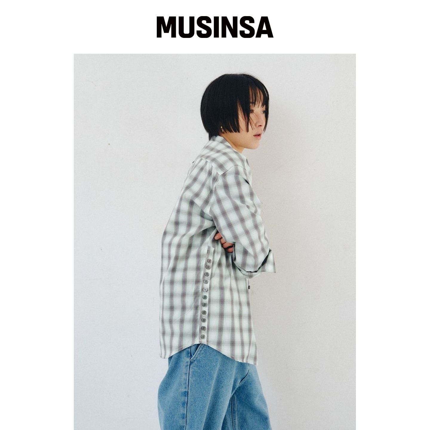 PLZPROJECT 侧开口格纹衬衫，薄荷色 MUSINSA韩国官网直邮进口图片