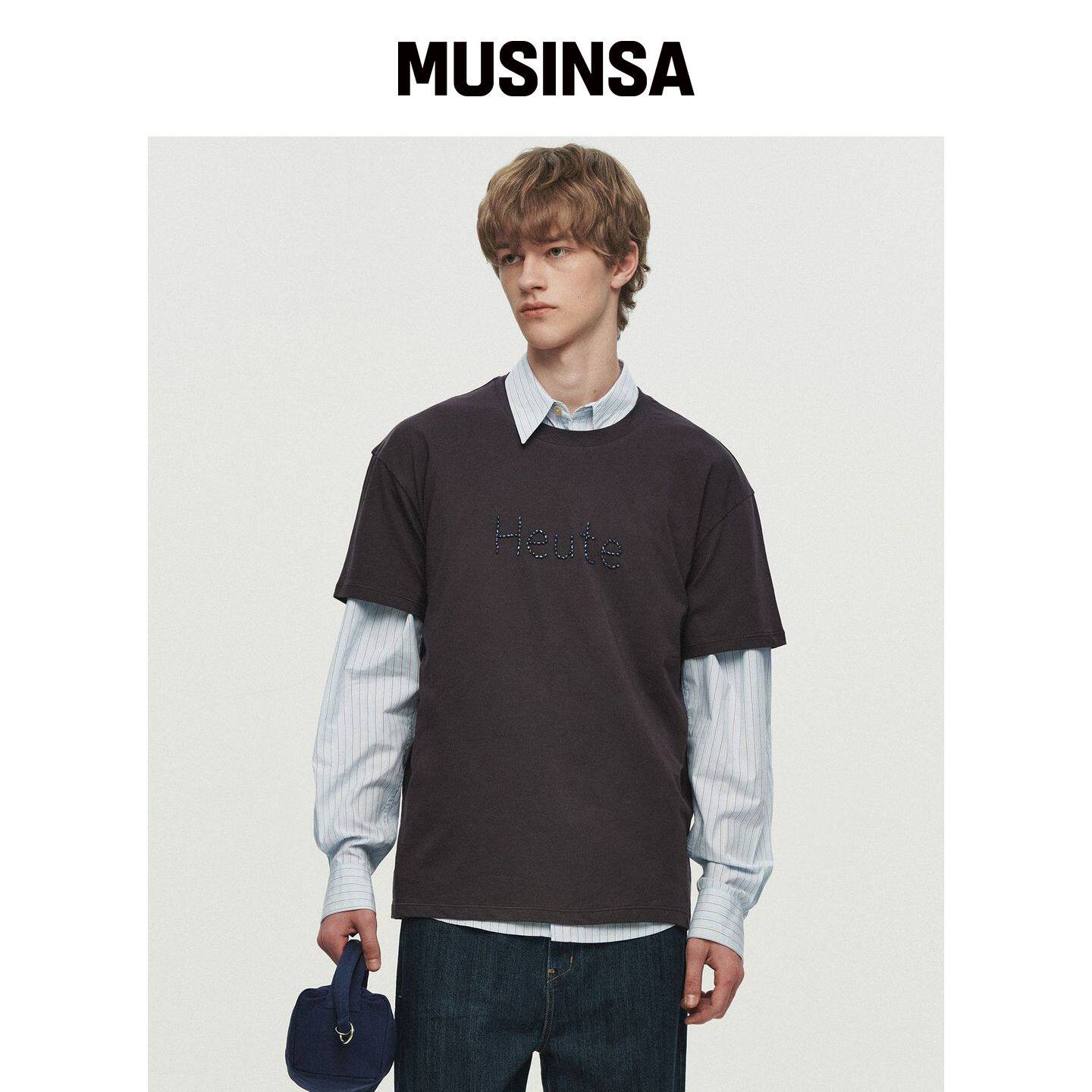 HEUTE 珠饰LOGO T恤(深灰色) MUSINSA韩国直邮官方正品