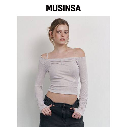 PLEASENOFOLLOW Halo 不对称褶皱长袖上衣（尘粉韩国官网直邮进口