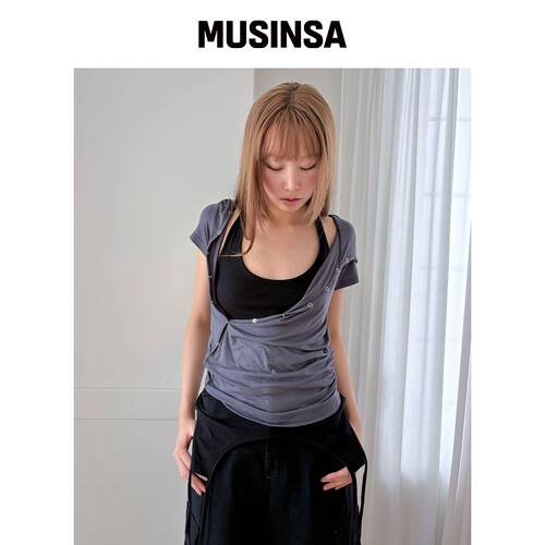 CHICKS 裹身按钮褶皱修身短袖连帽茶色 MUSINSA韩国官网直邮进口