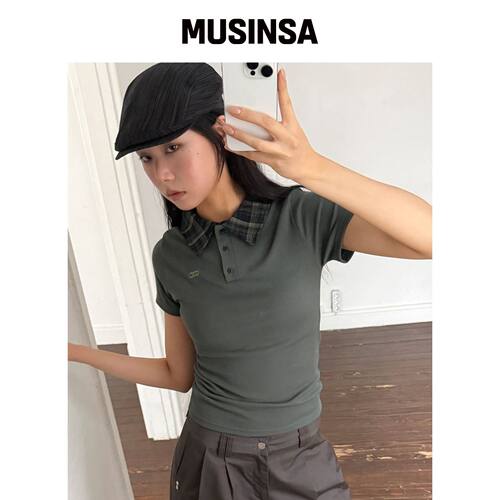 CHICKS 卡其色格纹翻领短袖T恤 MUSINSA韩国官网直邮进口