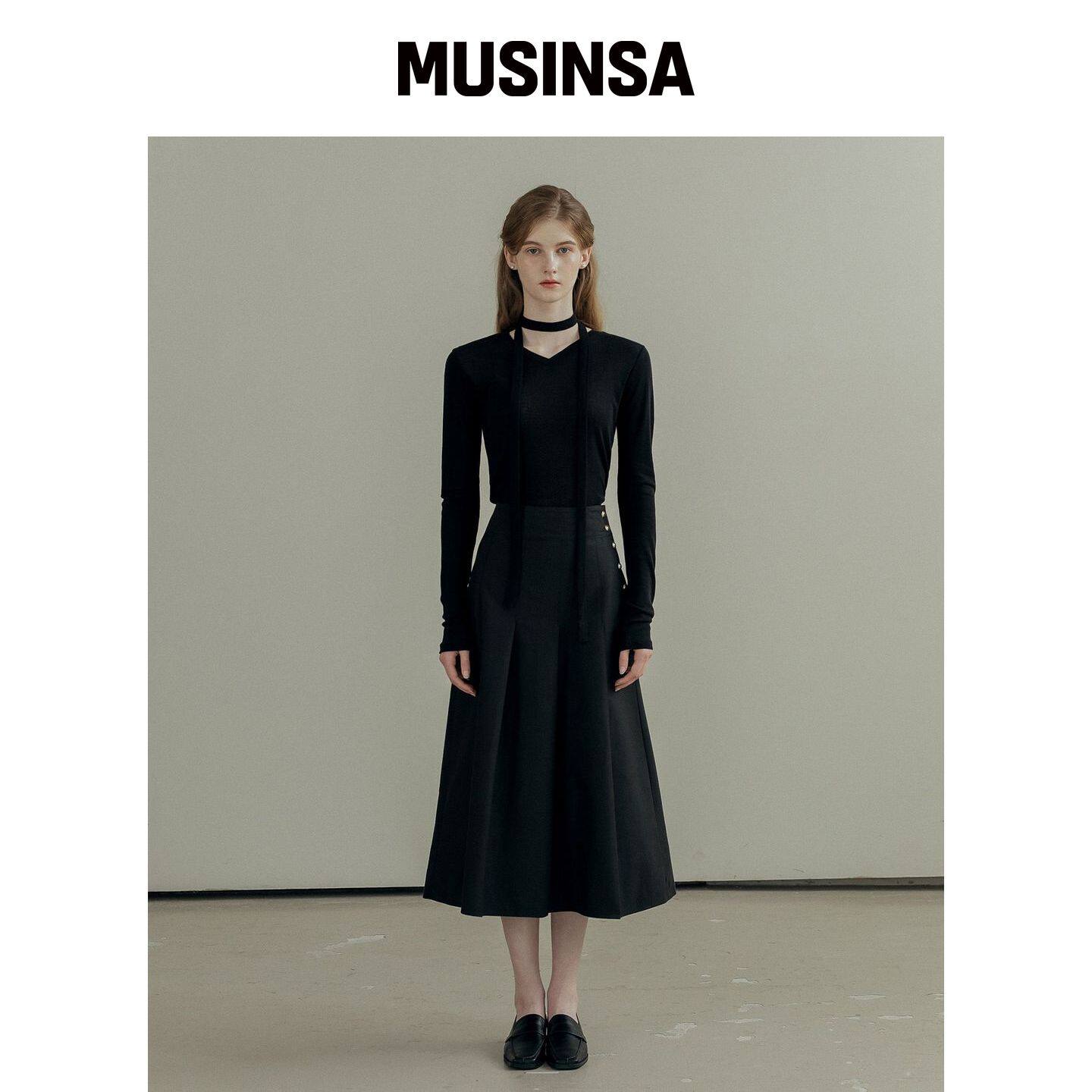 MAYVERU Noosa Pleats 棉质裙子 _ 黑色 MUSINSA韩国官网直邮进口