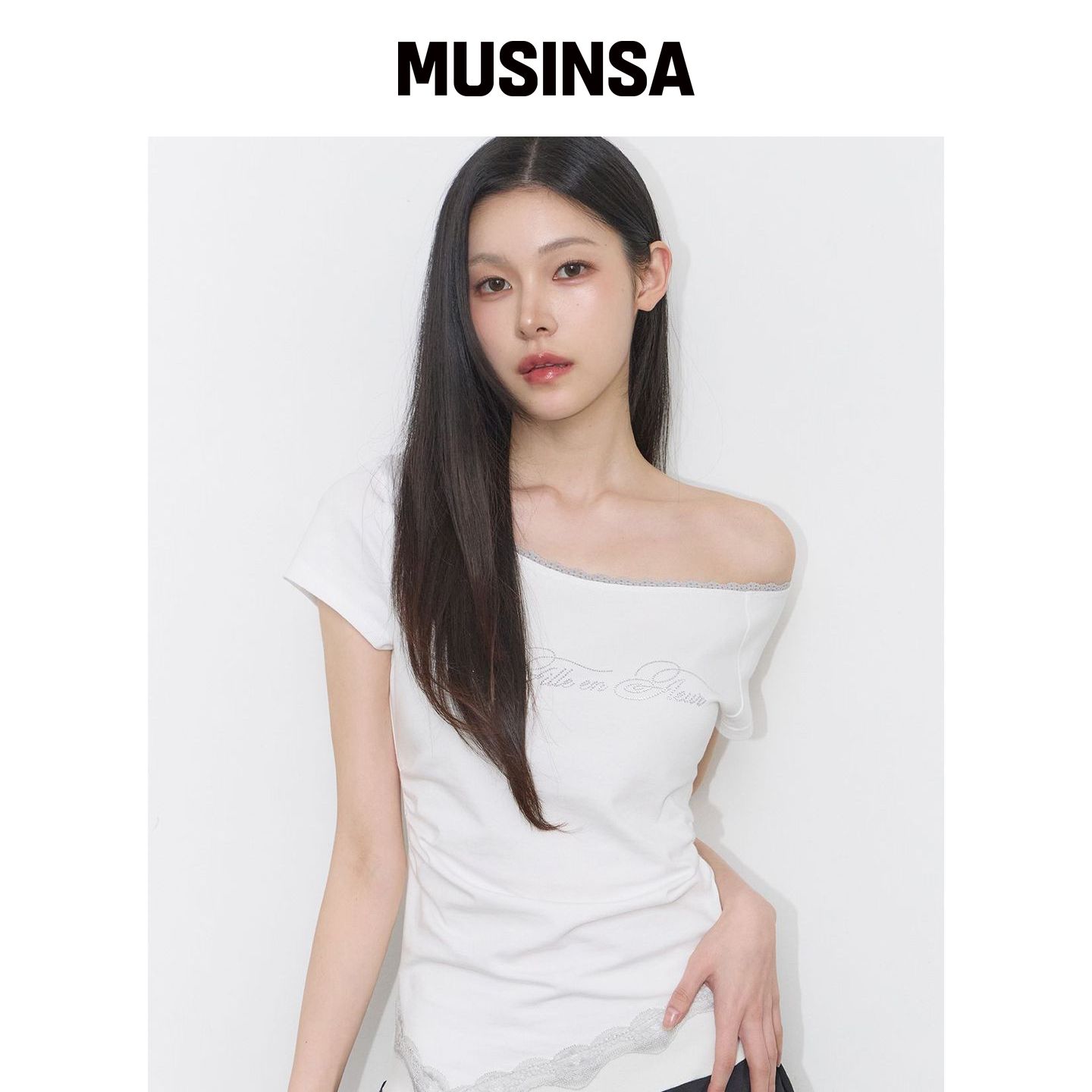 ILLIGO 蕾丝单肩褶皱上衣 白色 MUSINSA韩国官网直邮进口图片