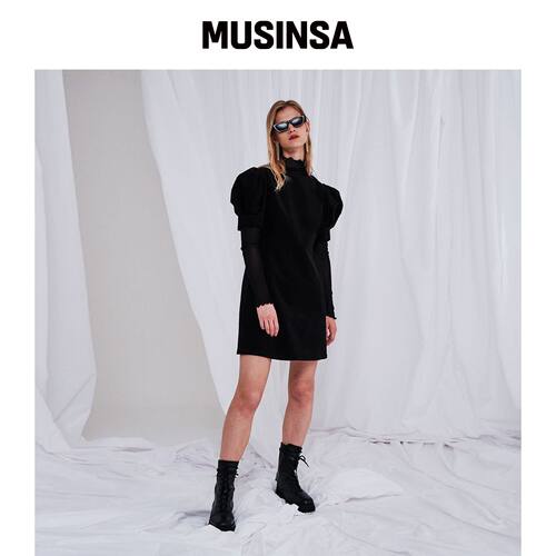MAKE A TOAST PUFF CORDUROY MINI DRESS 黑色韩国官网直邮进口