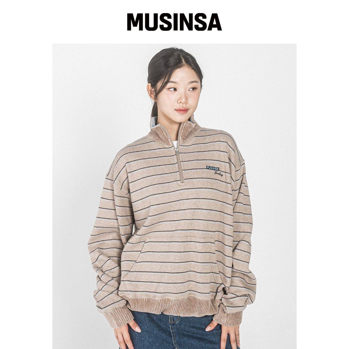 HAVISM FF 条纹半拉链卫衣 (摩卡米色) MUSINSA韩国官网直邮进口