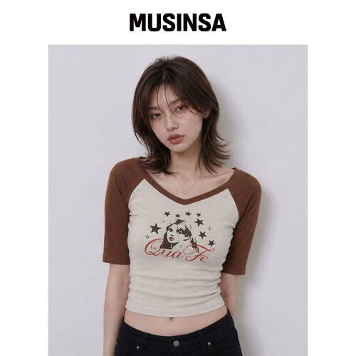 QUAFE BEADED GRAPHIC V-NECK T-SHIRT_2color韩国官网直邮进口